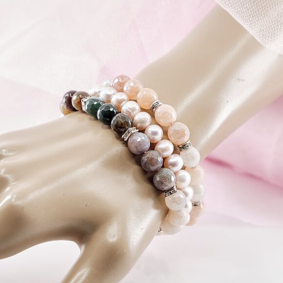 Aventurine Fancy Jasper & Pearl Bracelet, Dainty Stretch Bracelet Set of 3 - Picture 7 of 11